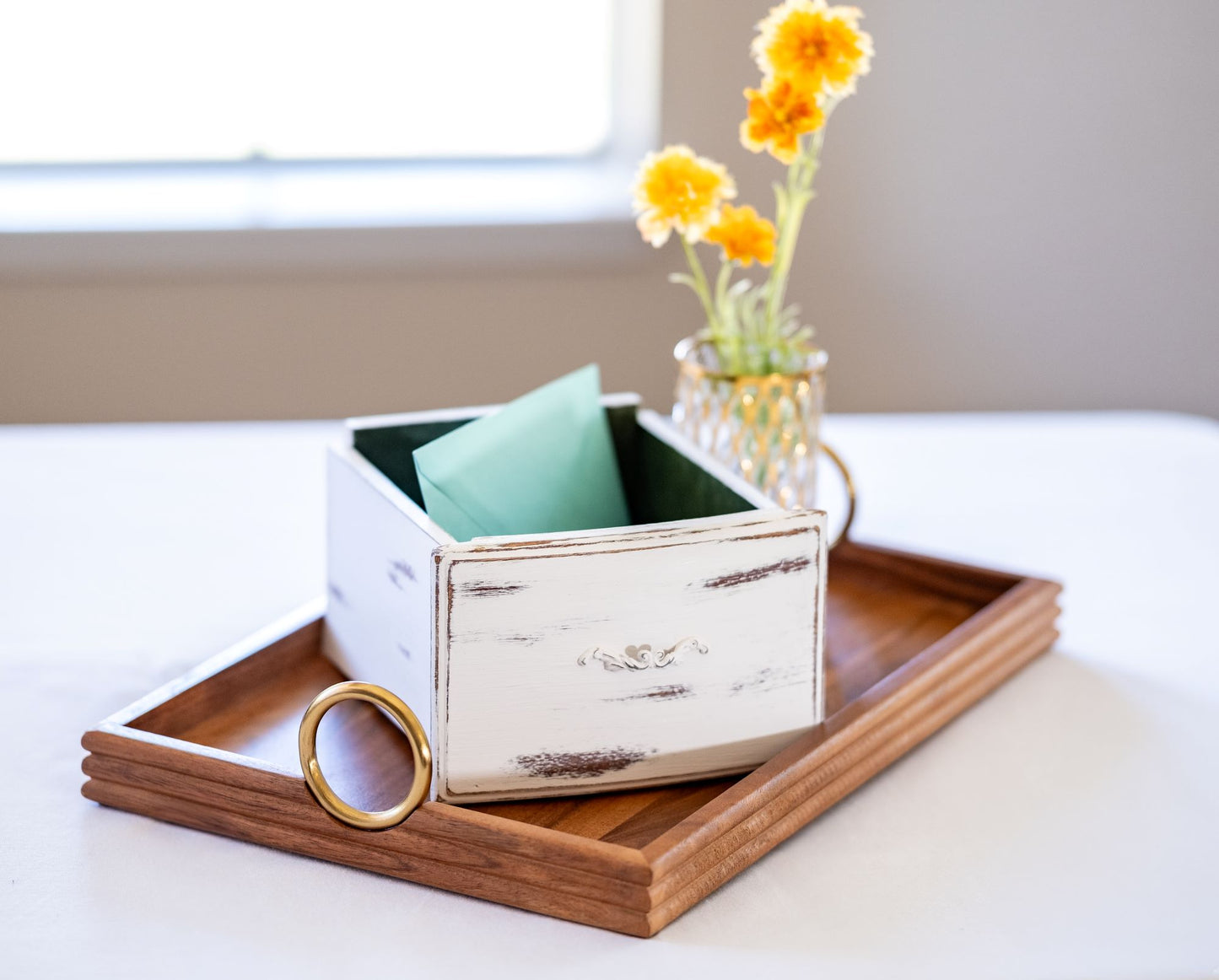Vintage White Wooden Drawer Box for Cards