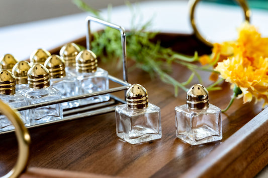 Mini Glass Salt & Pepper Shakers w/ Gold Top
