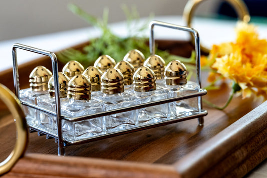 Mini Glass Salt & Pepper Shakers w/ Gold Top